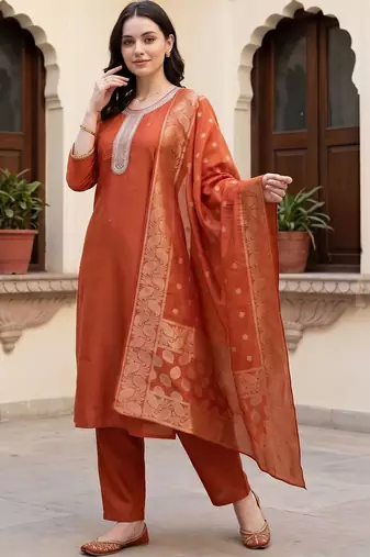 women ethnic motifs embroidered regular thread work kurta with trousers & with dupatta