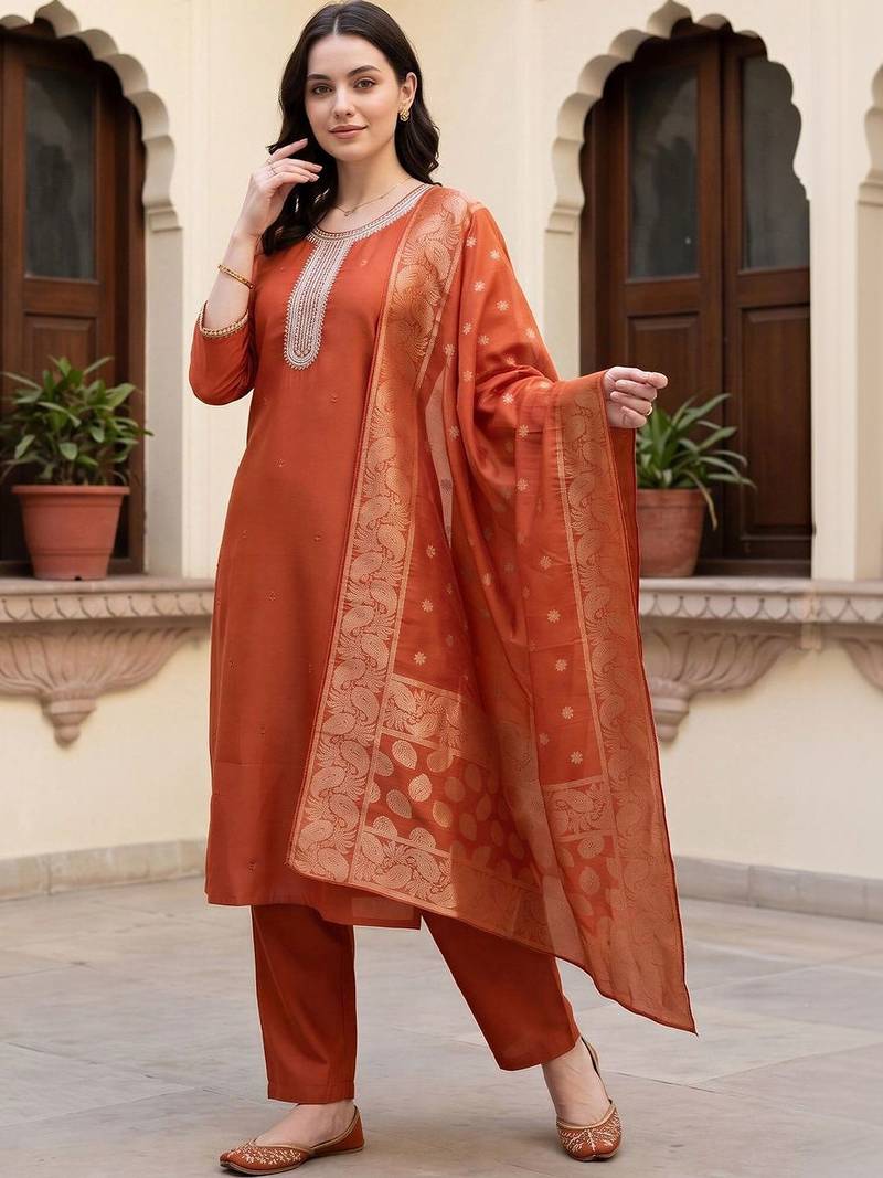 women ethnic motifs embroidered regular thread work kurta with trousers & with dupatta