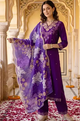 women ethnic motifs embroidered regular thread work kurta with trousers & with dupatta