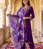 women ethnic motifs embroidered regular thread work kurta with trousers & with dupatta