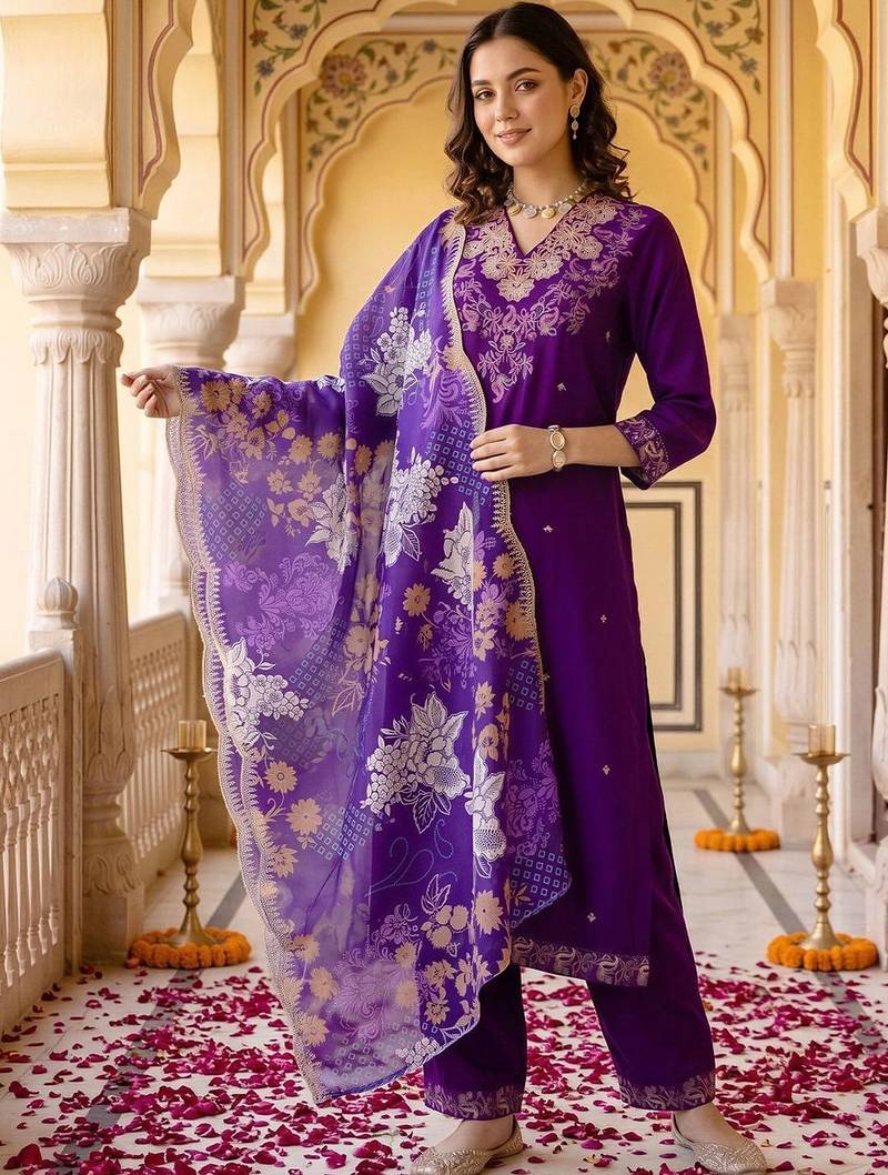 women ethnic motifs embroidered regular thread work kurta with trousers & with dupatta