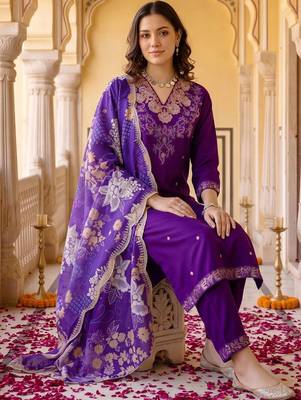 women ethnic motifs embroidered regular thread work kurta with trousers & with dupatta 2