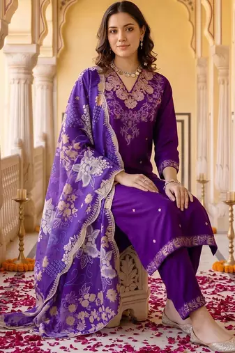 women ethnic motifs embroidered regular thread work kurta with trousers & with dupatta