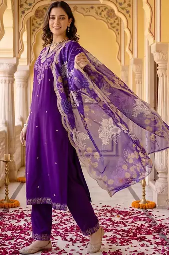 women ethnic motifs embroidered regular thread work kurta with trousers & with dupatta