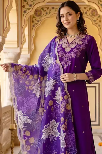 women ethnic motifs embroidered regular thread work kurta with trousers & with dupatta