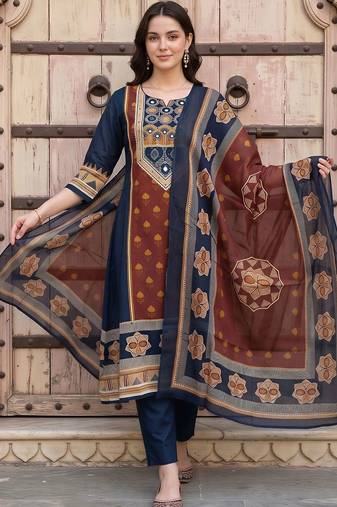 women ethnic motifs printed regular mirror work cotton kurta with trousers & with dupatta