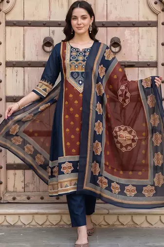 women ethnic motifs printed regular mirror work cotton kurta with trousers & with dupatta