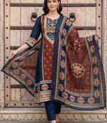 women ethnic motifs printed regular mirror work cotton kurta with trousers & with dupatta