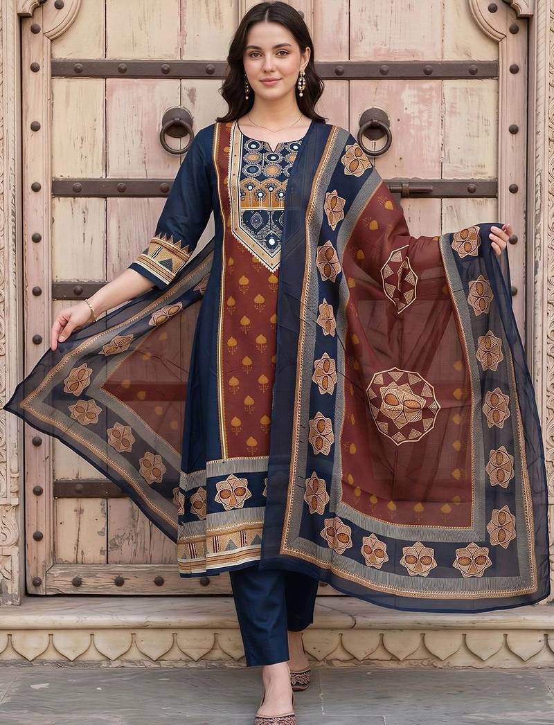 women ethnic motifs printed regular mirror work cotton kurta with trousers & with dupatta