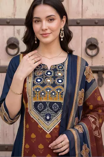 women ethnic motifs printed regular mirror work cotton kurta with trousers & with dupatta