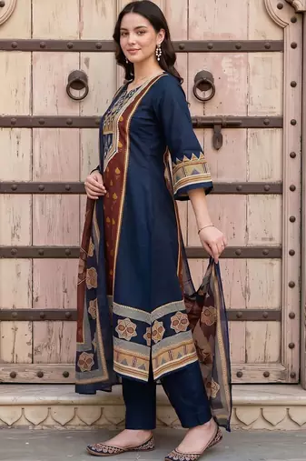 women ethnic motifs printed regular mirror work cotton kurta with trousers & with dupatta