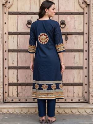 women ethnic motifs printed regular mirror work cotton kurta with trousers & with dupatta 4