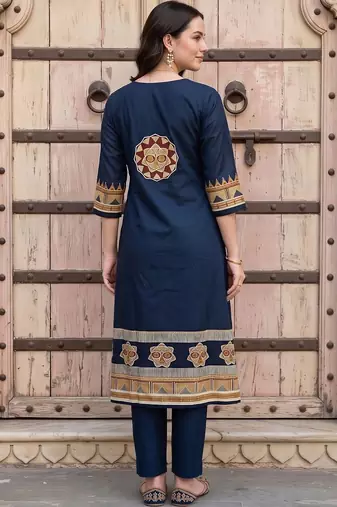 women ethnic motifs printed regular mirror work cotton kurta with trousers & with dupatta