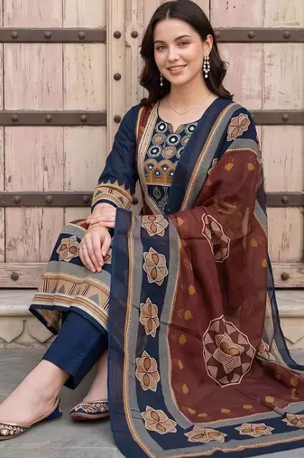 women ethnic motifs printed regular mirror work cotton kurta with trousers & with dupatta