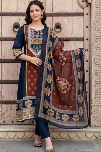 women ethnic motifs printed regular mirror work cotton kurta with trousers & with dupatta