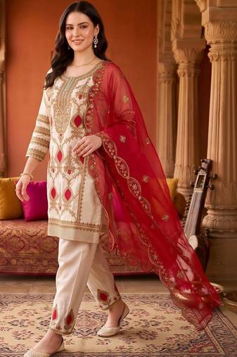 women ethnic motifs embroidered regular kurta with trousers & with dupatta