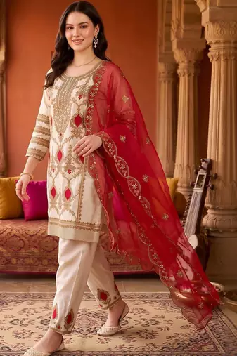 women ethnic motifs embroidered regular kurta with trousers & with dupatta