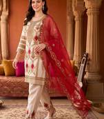 women ethnic motifs embroidered regular kurta with trousers & with dupatta