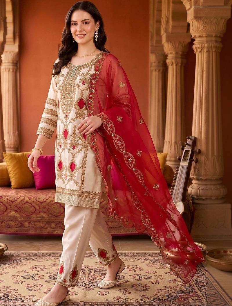 women ethnic motifs embroidered regular kurta with trousers & with dupatta