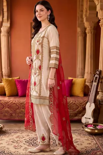 women ethnic motifs embroidered regular kurta with trousers & with dupatta
