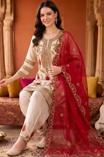 women ethnic motifs embroidered regular kurta with trousers & with dupatta