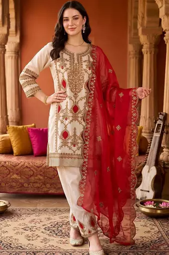 women ethnic motifs embroidered regular kurta with trousers & with dupatta
