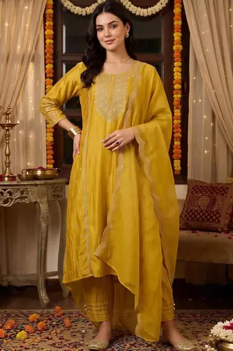 women ethnic motifs embroidered regular kurta with trousers & with dupatta