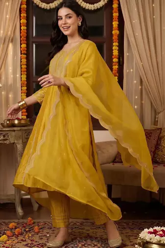 women ethnic motifs embroidered regular kurta with trousers & with dupatta