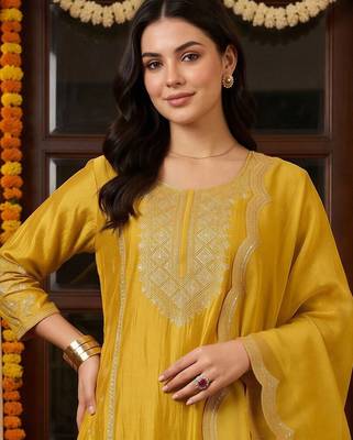 women ethnic motifs embroidered regular kurta with trousers & with dupatta 6