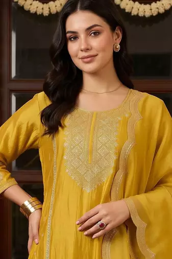 women ethnic motifs embroidered regular kurta with trousers & with dupatta