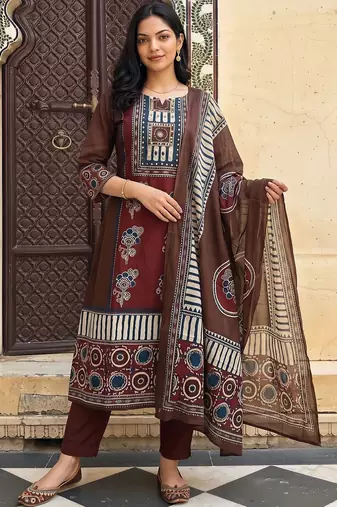 women ethnic motifs printed regular cotton kurta with trousers & with dupatta