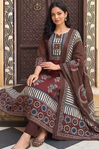 women ethnic motifs printed regular cotton kurta with trousers & with dupatta