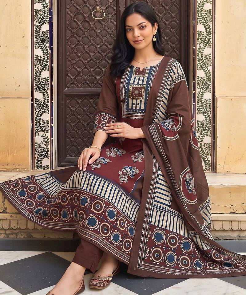 women ethnic motifs printed regular cotton kurta with trousers & with dupatta