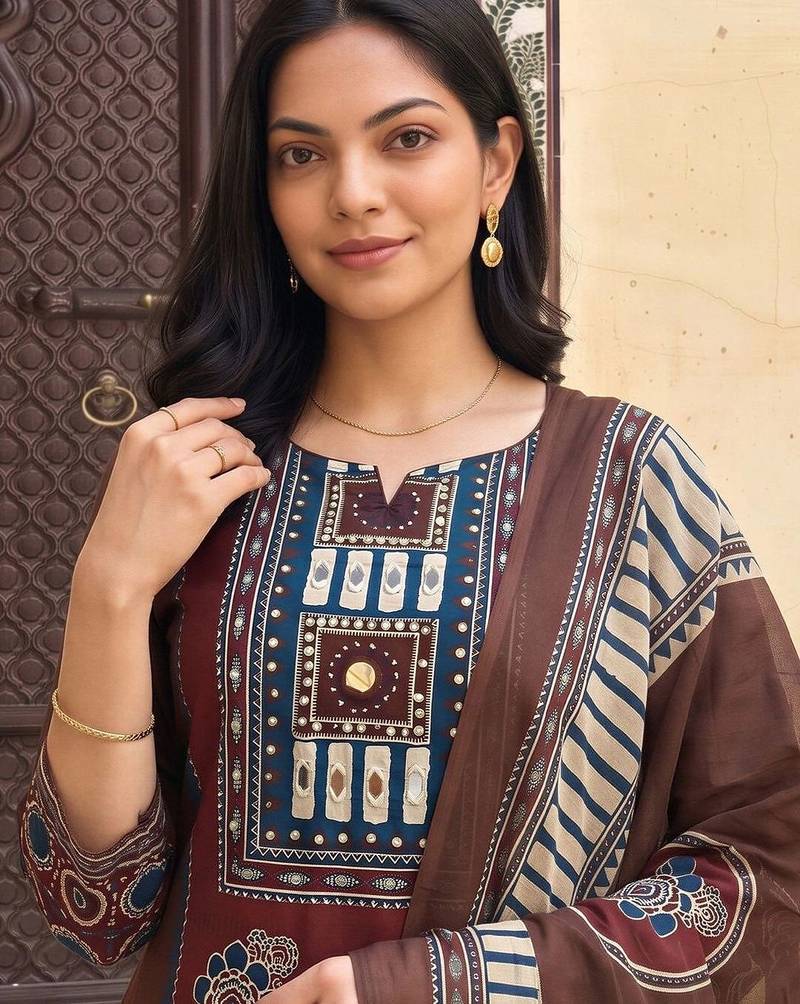 women ethnic motifs printed regular cotton kurta with trousers & with dupatta