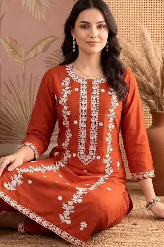 women ethnic motifs embroidered regular thread work kurta with trousers