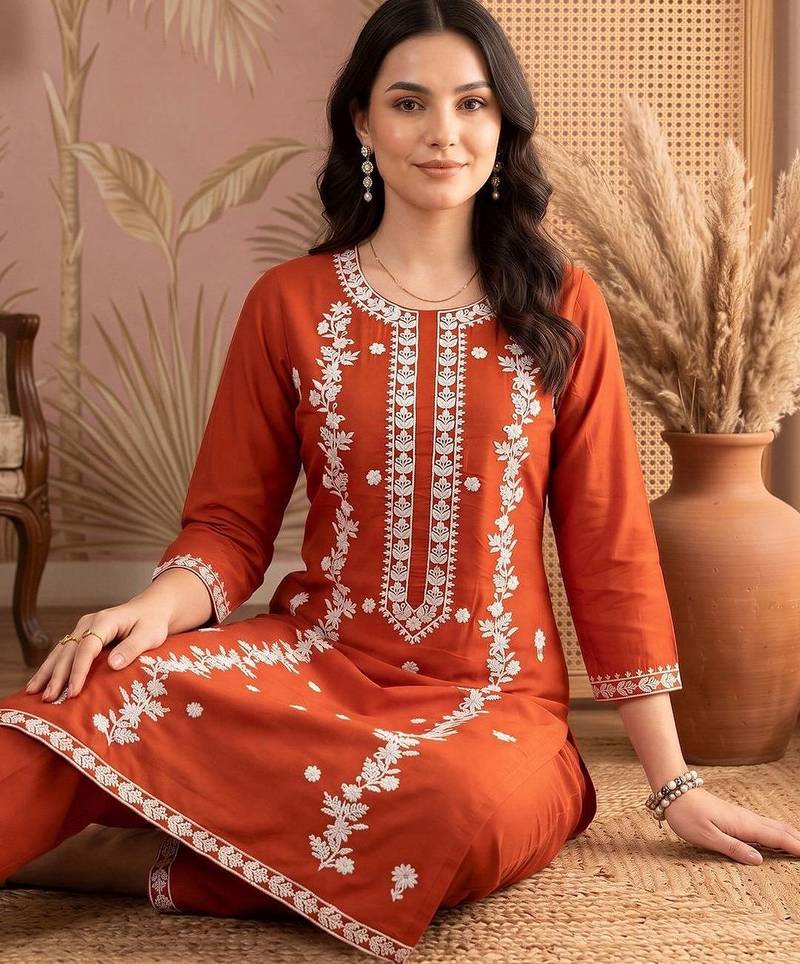 women ethnic motifs embroidered regular thread work kurta with trousers