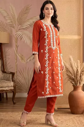 women ethnic motifs embroidered regular thread work kurta with trousers