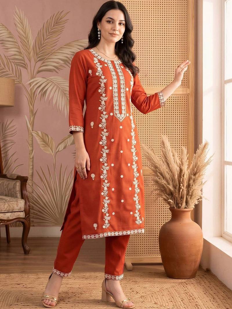 women ethnic motifs embroidered regular thread work kurta with trousers
