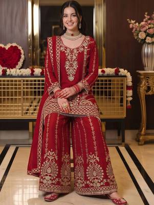 women ethnic motifs embroidered regular kurta with sharara & with dupatta 1