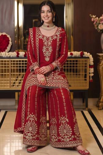 women ethnic motifs embroidered regular kurta with sharara & with dupatta