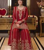 women ethnic motifs embroidered regular kurta with sharara & with dupatta