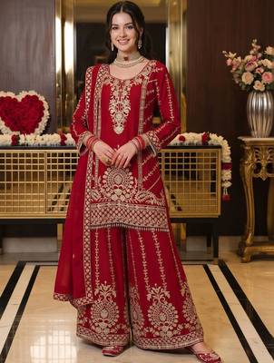 women ethnic motifs embroidered regular kurta with sharara & with dupatta 2