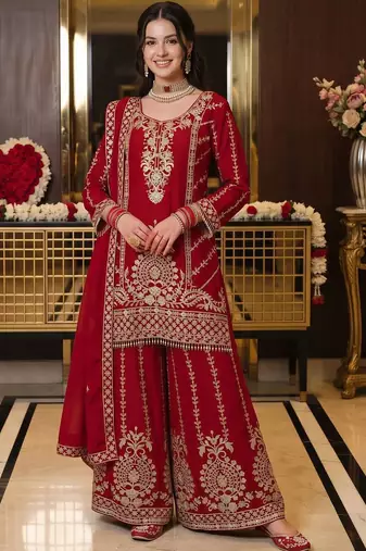 women ethnic motifs embroidered regular kurta with sharara & with dupatta