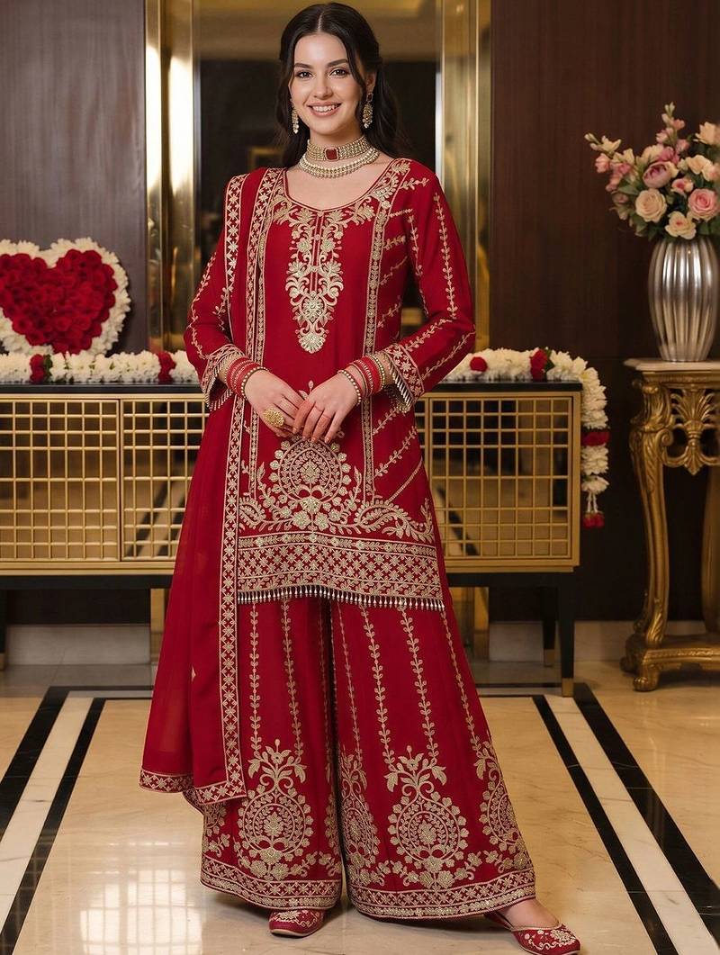 women ethnic motifs embroidered regular kurta with sharara & with dupatta