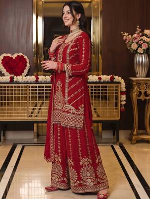 women ethnic motifs embroidered regular kurta with sharara & with dupatta 4