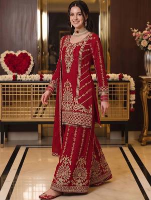 women ethnic motifs embroidered regular kurta with sharara & with dupatta 5