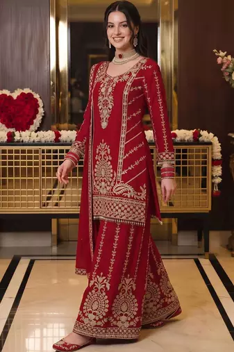 women ethnic motifs embroidered regular kurta with sharara & with dupatta