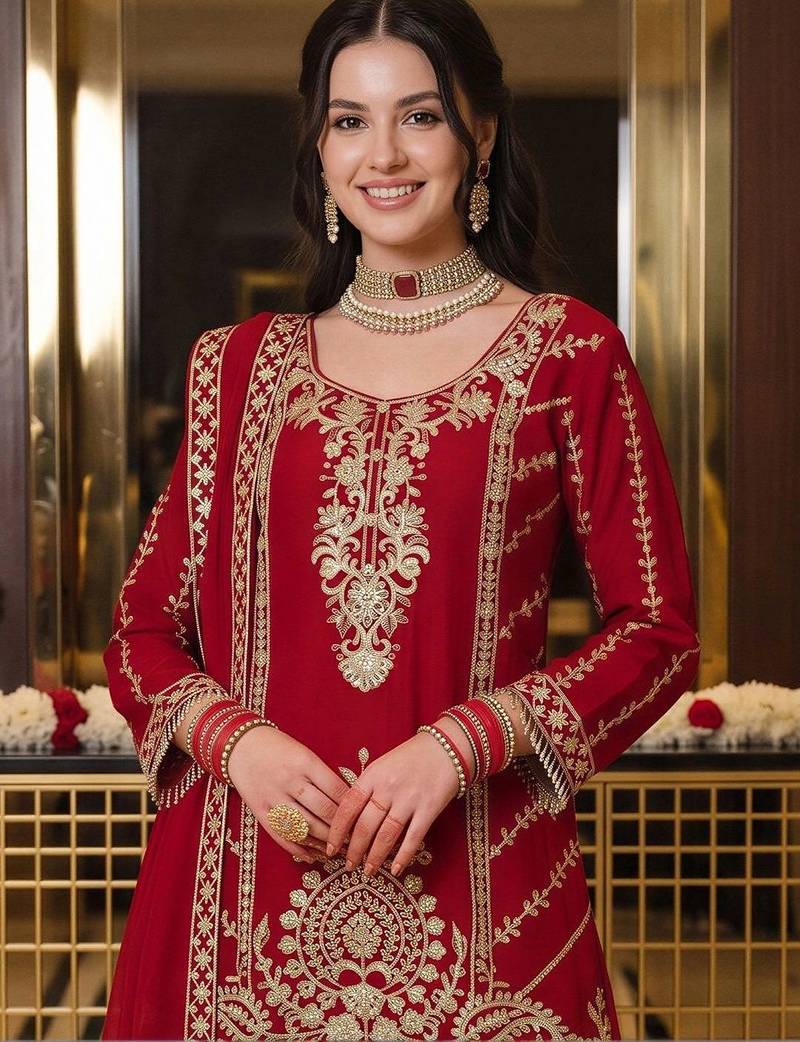 women ethnic motifs embroidered regular kurta with sharara & with dupatta
