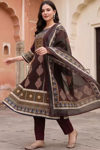 women ethnic motifs printed regular cotton kurta with trousers & with dupatta