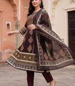 women ethnic motifs printed regular cotton kurta with trousers & with dupatta